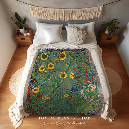 Klimt Tapestry 'Farm Garden with Sunflowers' | Gustav Klimt Sunflower Painting Fine Art Blanket Woven Throw | Famous Art Painting Blanket |