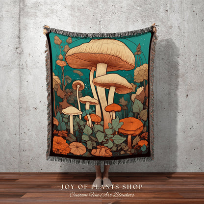 Vintage Mushroom Blanket Woven Throw Tapestry | Nature Lover Gift Whimsical Decor Cottagecore Mushroom Tapestry Gift for Mushroom Lover |