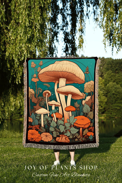 Vintage Mushroom Blanket Woven Throw Tapestry | Nature Lover Gift Whimsical Decor Cottagecore Mushroom Tapestry Gift for Mushroom Lover |