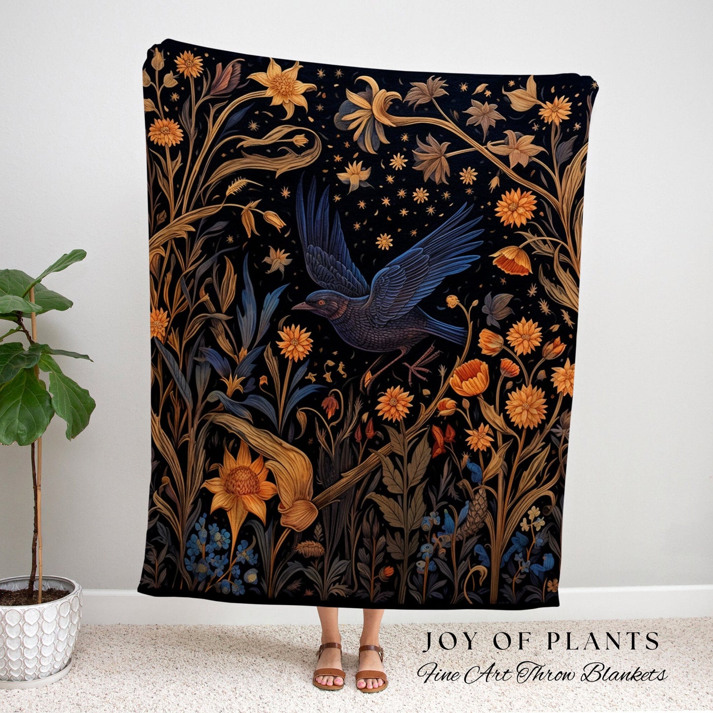 Dark Academia Raven Woven Throw Blanket Crow Wall Art Woven Wall Hanging Gothic Decor Crowcore Aestheic Dark Cottagecore Blanket Cotton