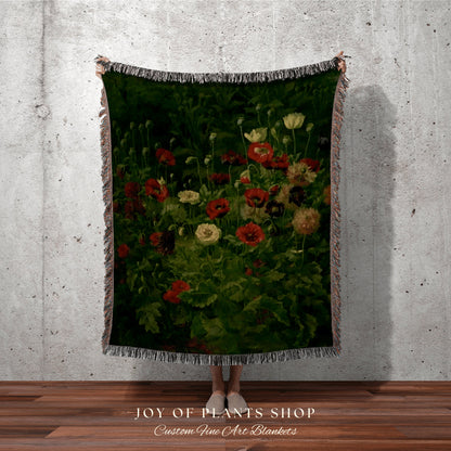 Night Poppies Gothic Floral Woven Blanket | Whimsigoth Decor Poppy Flower Blanket | Renaissance Decor Woven Tapestry Vintage Flower Blanket