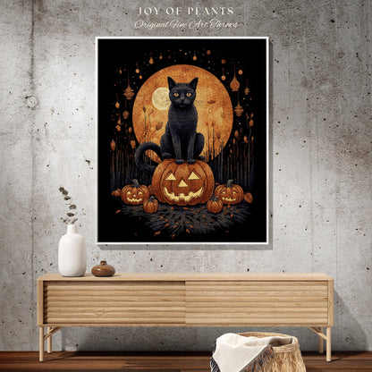 Vintage Halloween Pumpkin Black Cat Woven Throw Blanket | Spooky Season Black Cat Halloween Decor Dark Cottagecore Tapestry Witch Decor |