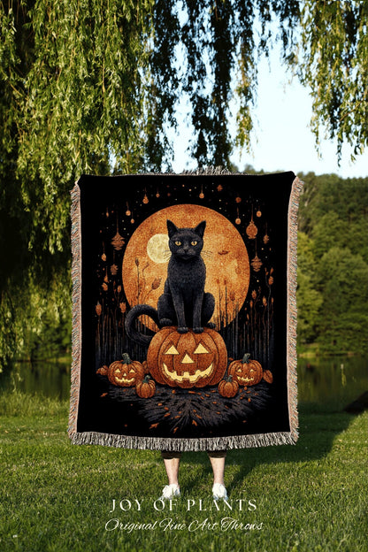 Vintage Halloween Pumpkin Black Cat Woven Throw Blanket | Spooky Season Black Cat Halloween Decor Dark Cottagecore Tapestry Witch Decor |