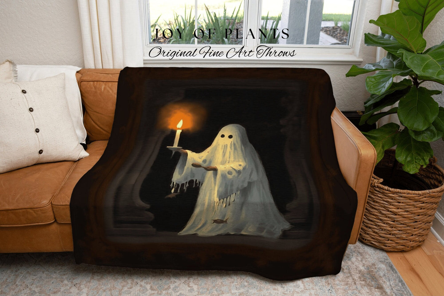 Spooky Candlelit Ghost Painting Gothic Tapestry Woven Blanket | Spooky Cute Ghost Art Whimsigoth Home Decor Macabre Halloween Aesthetic Art