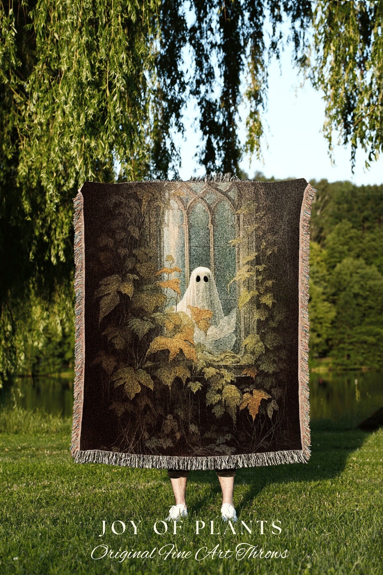 Ghost Art Macabre Tapestry Woven Throw Blanket Ghost | Spooky Ghost Blanket Dark Academia Decor Bedroom Whimsigoth Tapestry Woven Blanket |