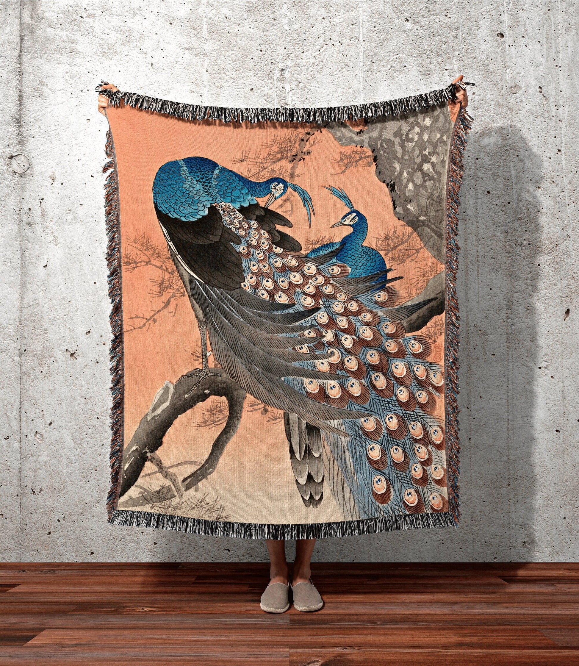 Woven Peacock Blanket | Japanese Art Blanket | Ohara Koson Art Print | Custom Woven Throw Blanket | Vintage Woven Tapestry Japanese Art |