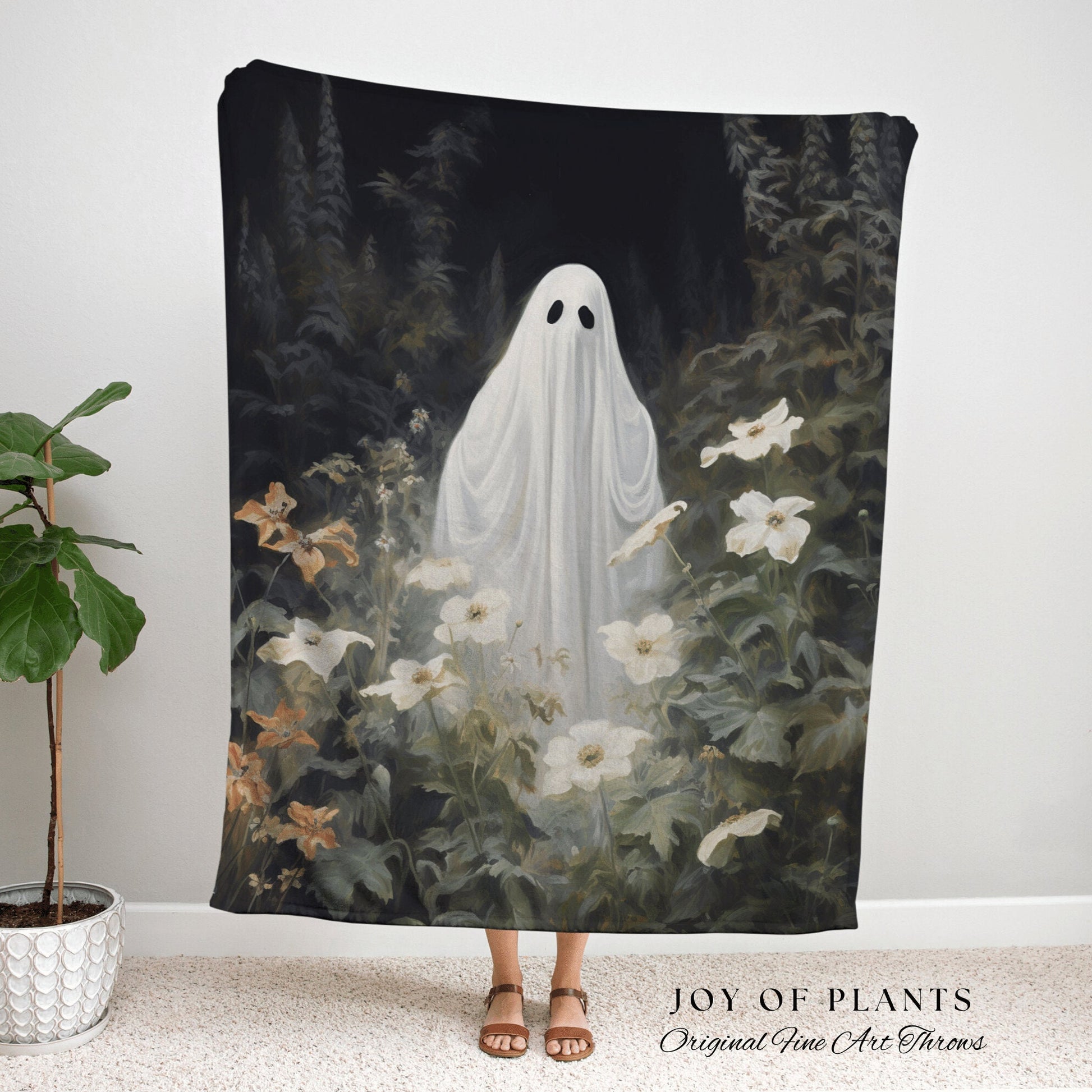 Dark Floral Ghost Blanket Woven Throw | Macabre Wall Art Plant Lovers Decor Spooky Ghost Tapestry Gift for Goth Dark Cottagecore Home Decor