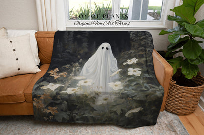 Dark Floral Ghost Blanket Woven Throw | Macabre Wall Art Plant Lovers Decor Spooky Ghost Tapestry Gift for Goth Dark Cottagecore Home Decor