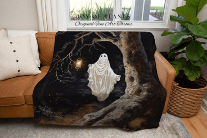 Woodland Gothic Ghost Tapestry Occult Room Decor Woven Blanket | Spooky Cute Ghost Vintage Art Whimsigoth Decor Macabre Halloween Aesthetic