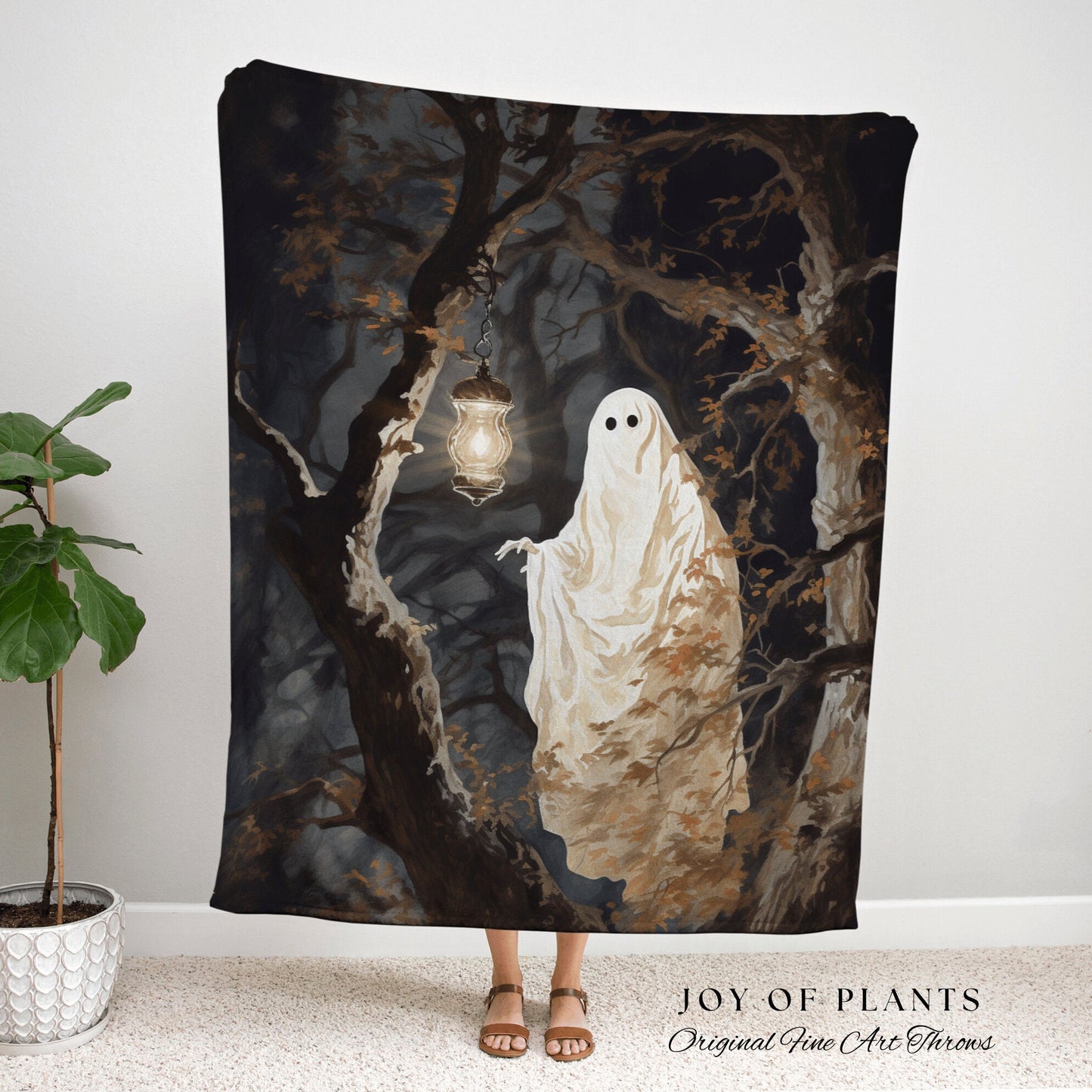 Haunted Forest Spirit Ghost Painting Gothic Tapestry Woven Blanket | Spooky Cute Ghost Art Whimsigoth Home Decor Macabre Halloween Aesthetic