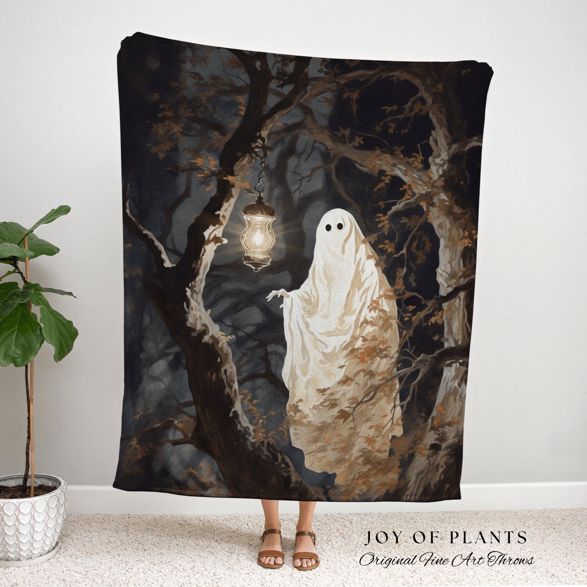 Haunted Forest Spirit Ghost Painting Gothic Tapestry Woven Blanket | Spooky Cute Ghost Art Whimsigoth Home Decor Macabre Halloween Aesthetic