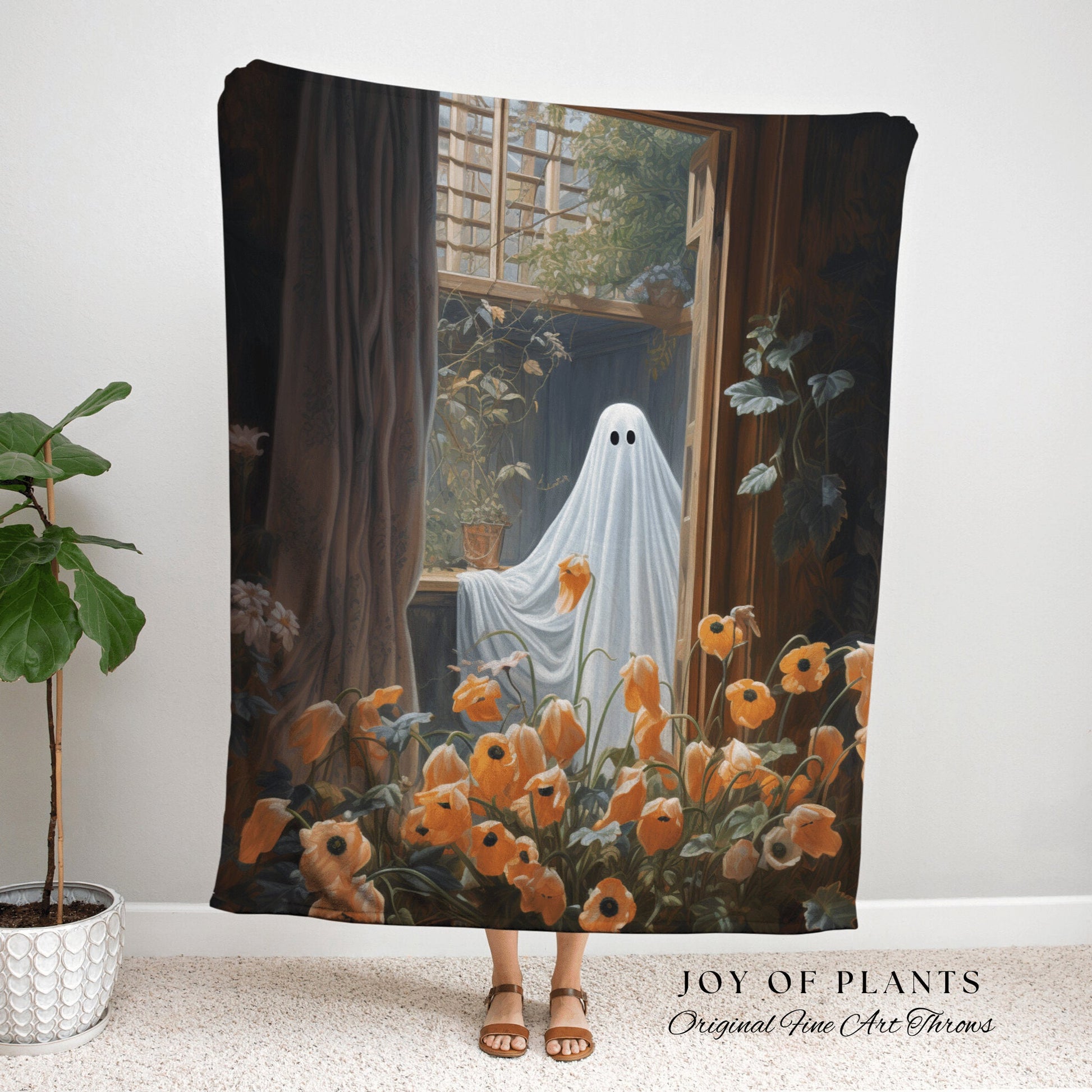 Among The Poppy Flowers Ghost Blanket | Woven Tapestry Blanket Macabre Wall Art Ghost Decor Spooky Tapestry Gift for Halloween Dark Floral |