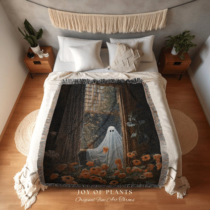 Among The Poppy Flowers Ghost Blanket | Woven Tapestry Blanket Macabre Wall Art Ghost Decor Spooky Tapestry Gift for Halloween Dark Floral |