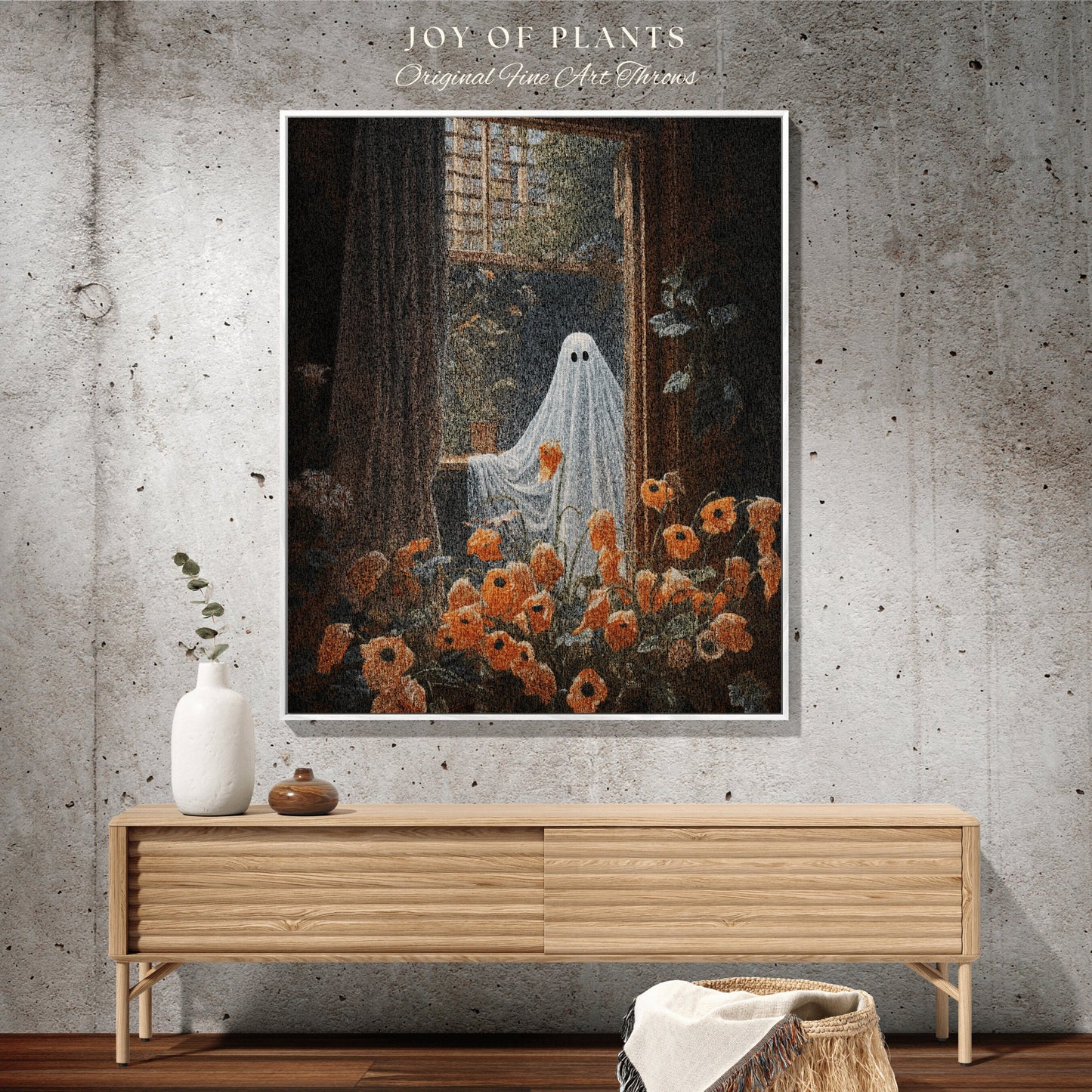 Among The Poppy Flowers Ghost Blanket | Woven Tapestry Blanket Macabre Wall Art Ghost Decor Spooky Tapestry Gift for Halloween Dark Floral |