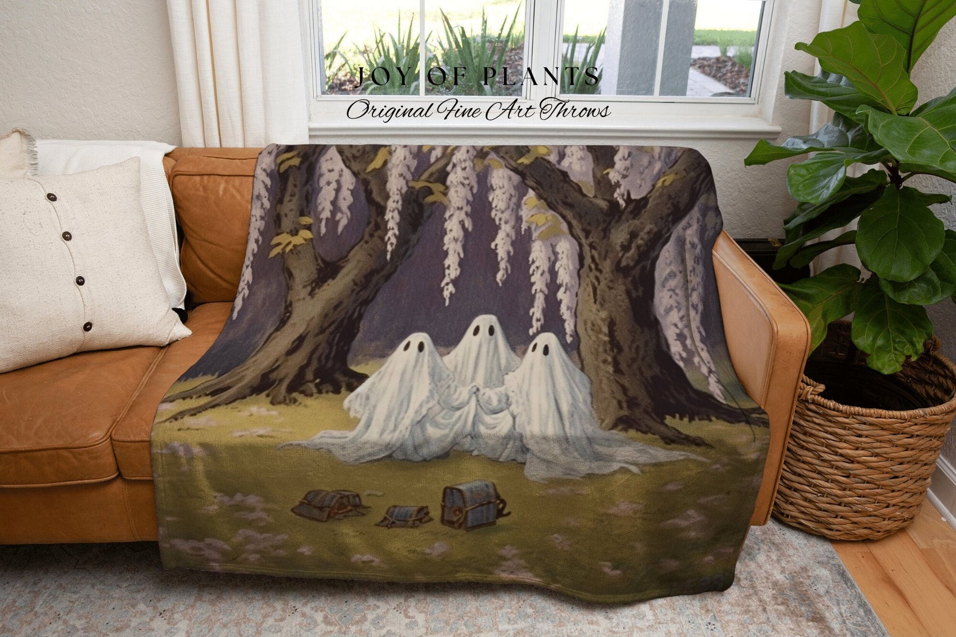 Wisteria Flower Ghost Friends Vintage Halloween Wall Art Blanket Woven Tapestry | Dark Academia Decor Cottagecore Pastel Goth Bedroom Decor