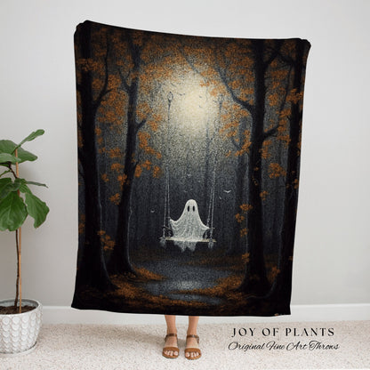 Ghost on a Swing Vintage Art Tapestry Woven Throw Blanket | Macabre Home Decor Blanket Dark Academia Decor Bedroom Whimsigoth Tapestry Woven