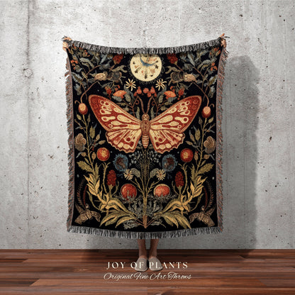 Victorian Gothic Blanket Woven Tapestry Mystical | Dark Academia Moth Blanket Woven Tapestry Cottagecore Decor | Celestial Butterfly Decor |