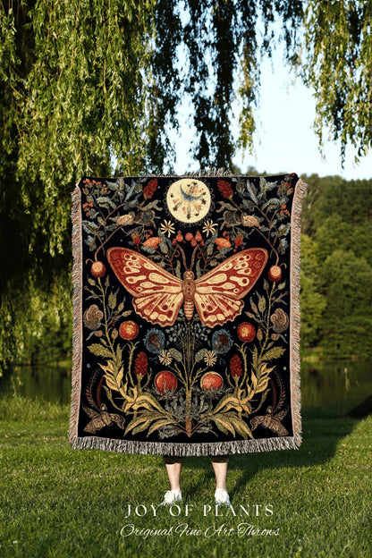 Victorian Gothic Blanket Woven Tapestry Mystical | Dark Academia Moth Blanket Woven Tapestry Cottagecore Decor | Celestial Butterfly Decor |