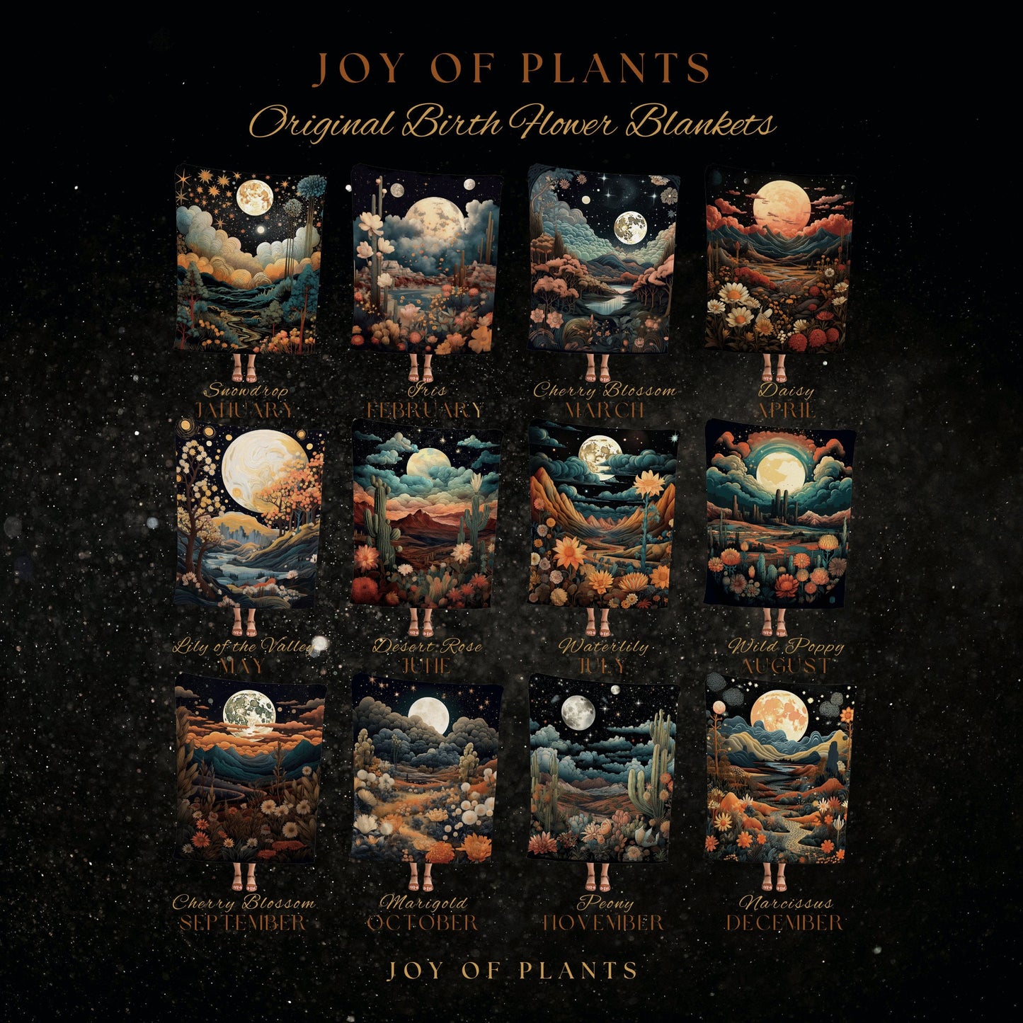 Marigold Birth Month Flower Tapestry Full Moon Landscape | Custom October Birthday Gift Woven Blanket Personalized Birth Flower October Gift