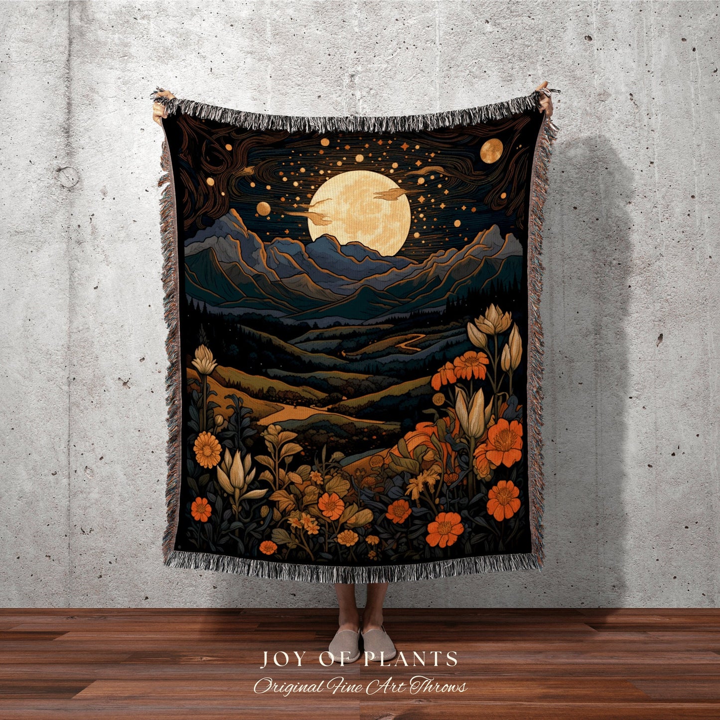 Moonlit Floral Landscape Wall Art Woven Tapestry Wall Hanging | Desert Aesthetic Blanket Woven Tapestry | Landscape Tapestry Whimsical Decor