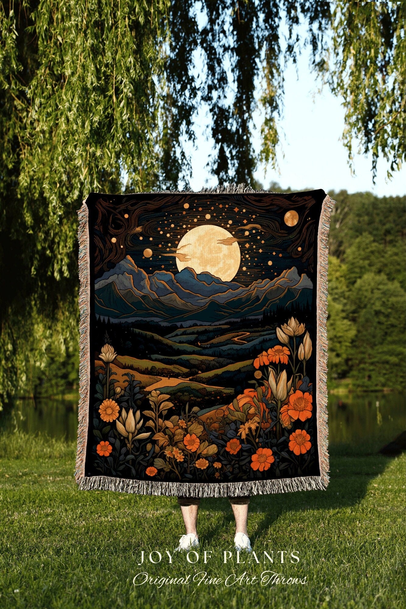 Moonlit Floral Landscape Wall Art Woven Tapestry Wall Hanging | Desert Aesthetic Blanket Woven Tapestry | Landscape Tapestry Whimsical Decor