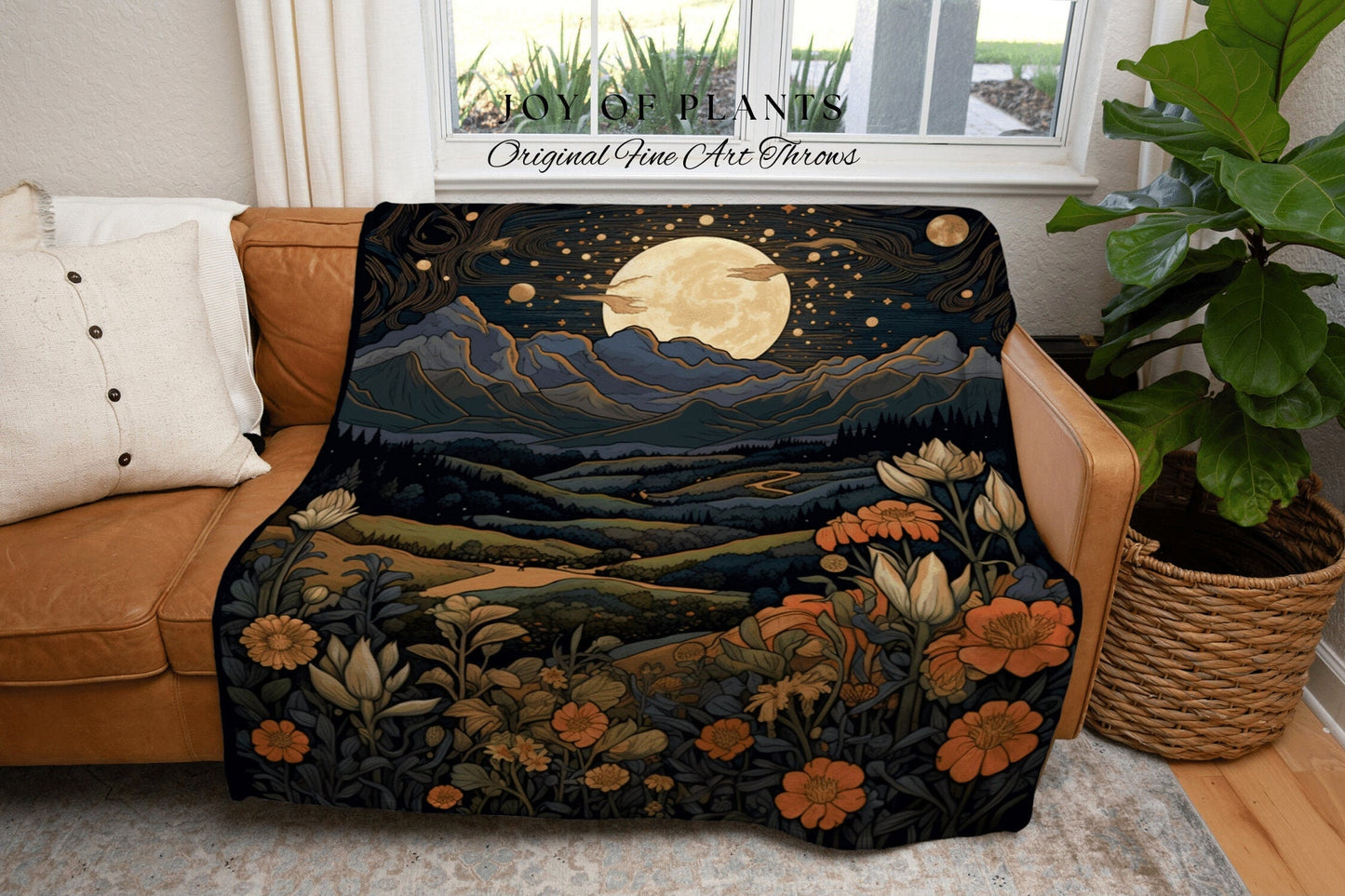 Moonlit Floral Landscape Wall Art Woven Tapestry Wall Hanging | Desert Aesthetic Blanket Woven Tapestry | Landscape Tapestry Whimsical Decor