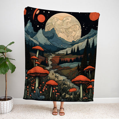 Celestial Mushroom Mountain Throw Blanket Fairycore | Full Moon Woodland Mushroom Tapestry Cottagecore Decor Goblincore Woven Throw Blanket