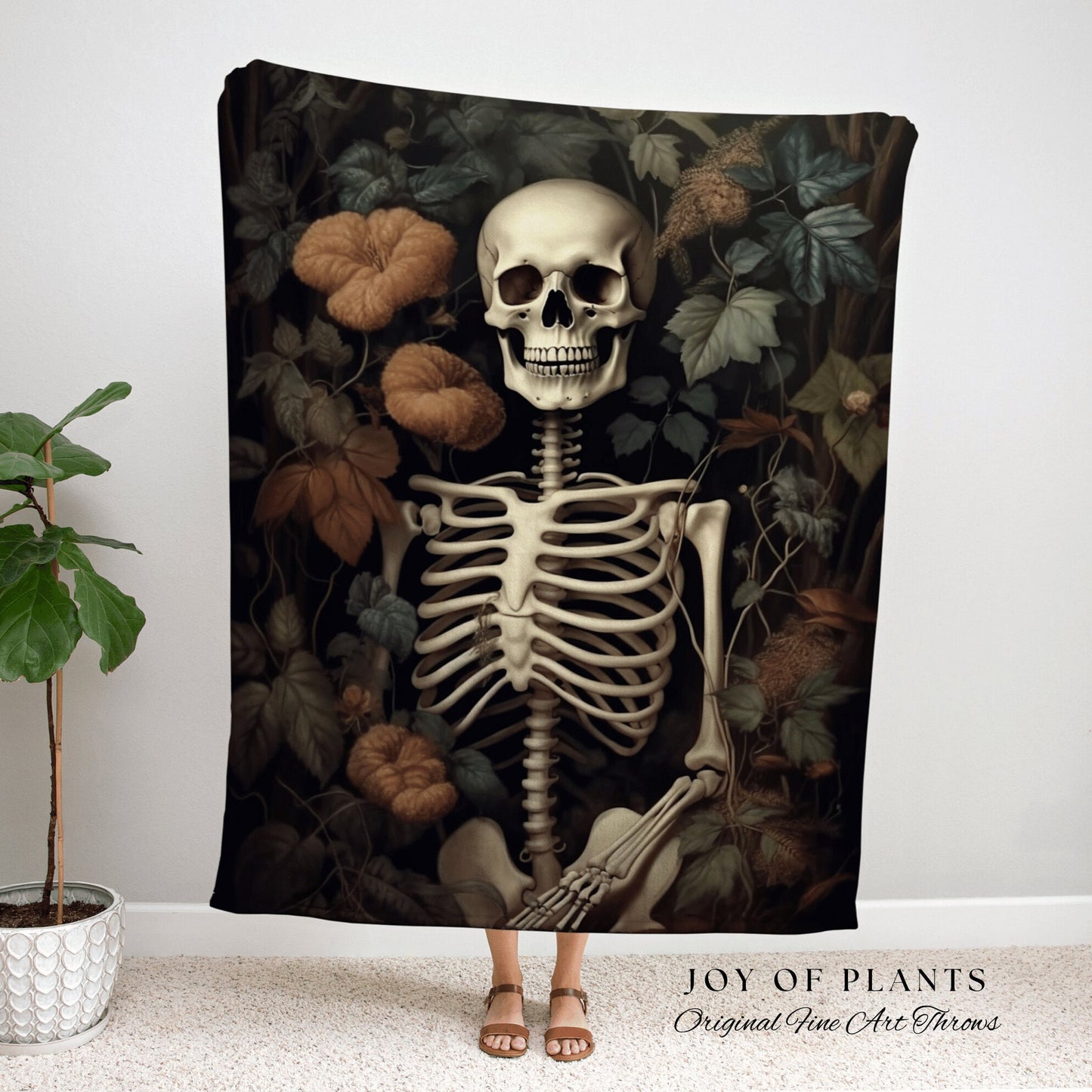 Botanical Skeleton Blanket Dark Cottagecore Decor | Skeleton Plant Lover Goth Tapestry Woven Throw Moody Botanical Art Vintage Spooky Decor