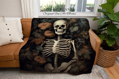 Botanical Skeleton Blanket Dark Cottagecore Decor | Skeleton Plant Lover Goth Tapestry Woven Throw Moody Botanical Art Vintage Spooky Decor