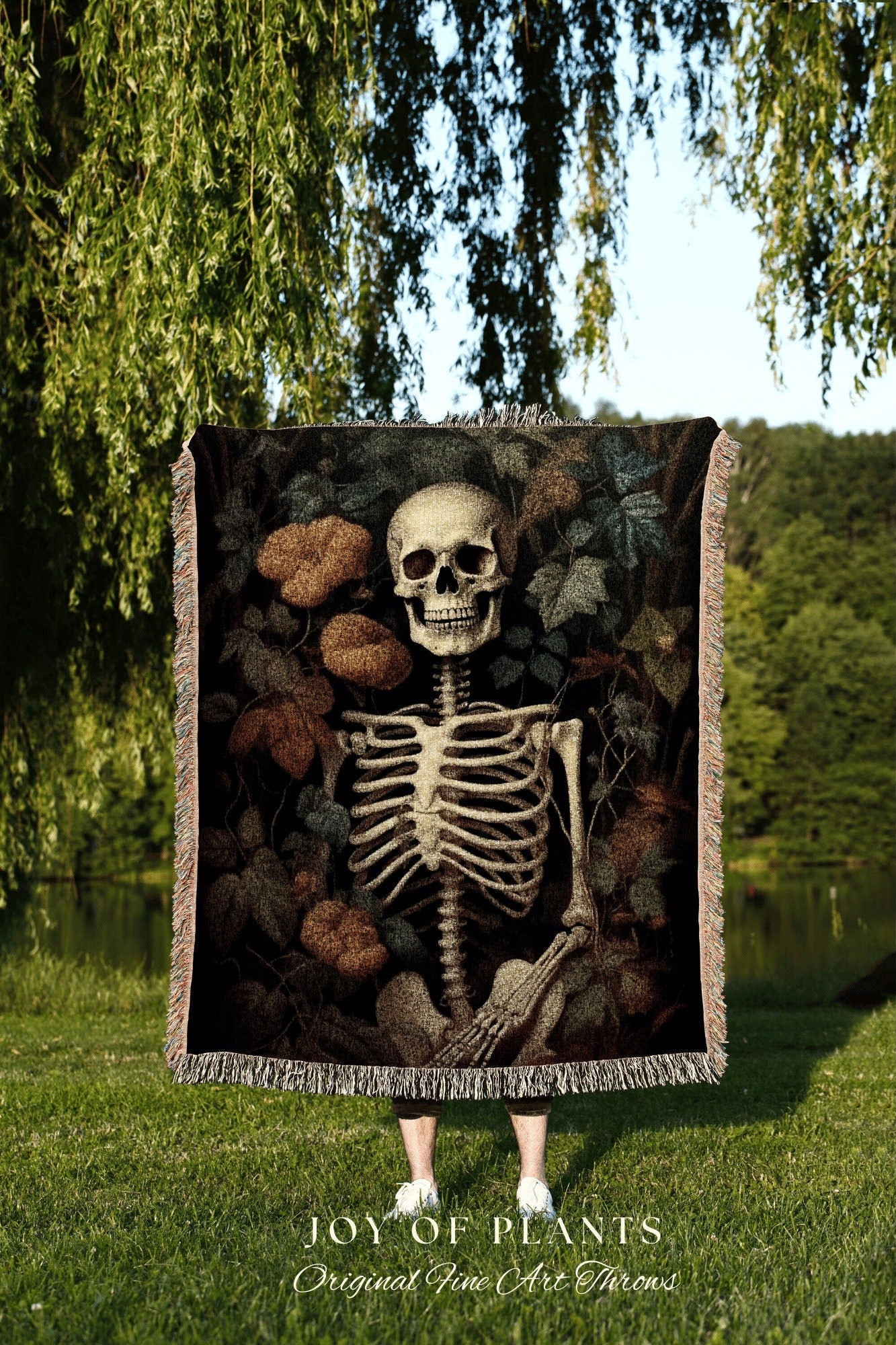 Botanical Skeleton Blanket Dark Cottagecore Decor | Skeleton Plant Lover Goth Tapestry Woven Throw Moody Botanical Art Vintage Spooky Decor