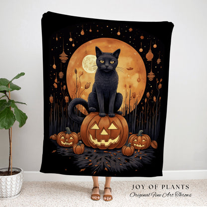 Vintage Halloween Pumpkin Black Cat Woven Throw Blanket | Spooky Season Black Cat Halloween Decor Dark Cottagecore Tapestry Witch Decor |