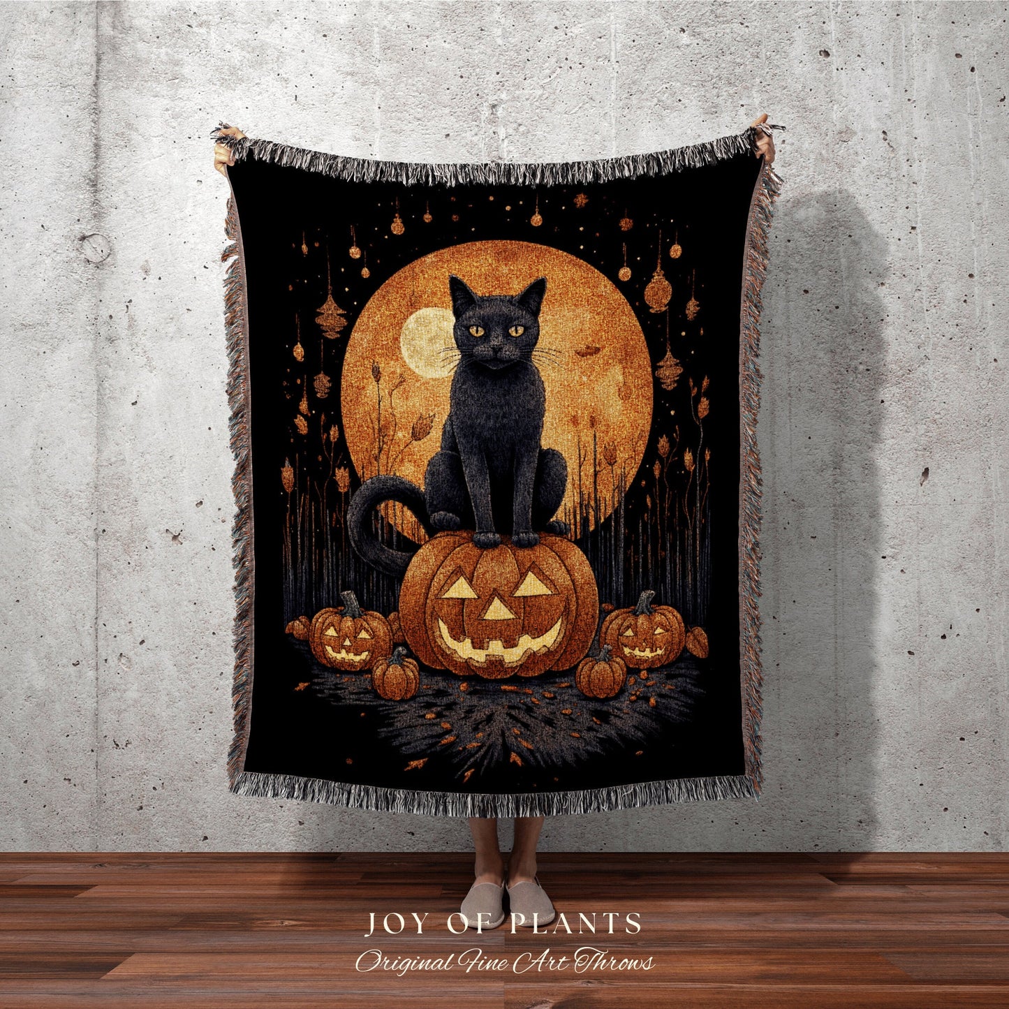 Vintage Halloween Pumpkin Black Cat Woven Throw Blanket | Spooky Season Black Cat Halloween Decor Dark Cottagecore Tapestry Witch Decor |