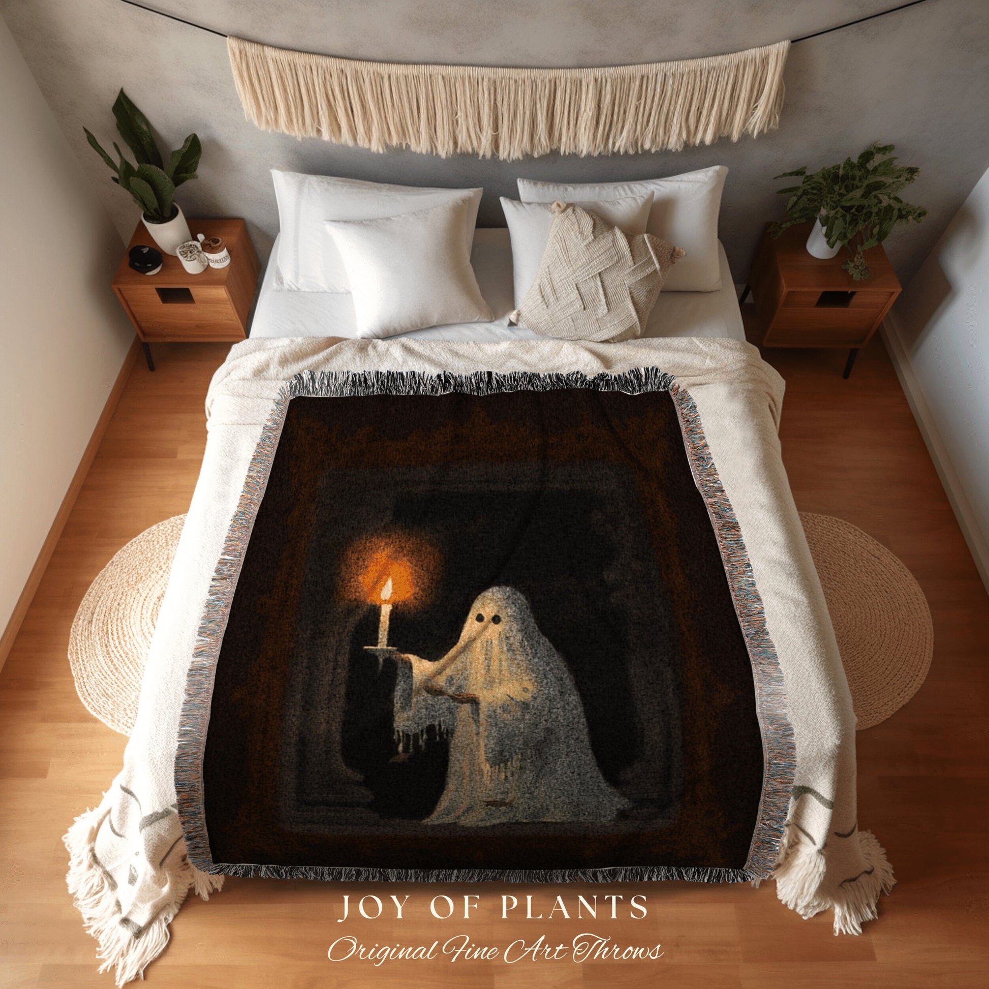 Spooky Candlelit Ghost Painting Gothic Tapestry Woven Blanket | Spooky Cute Ghost Art Whimsigoth Home Decor Macabre Halloween Aesthetic Art