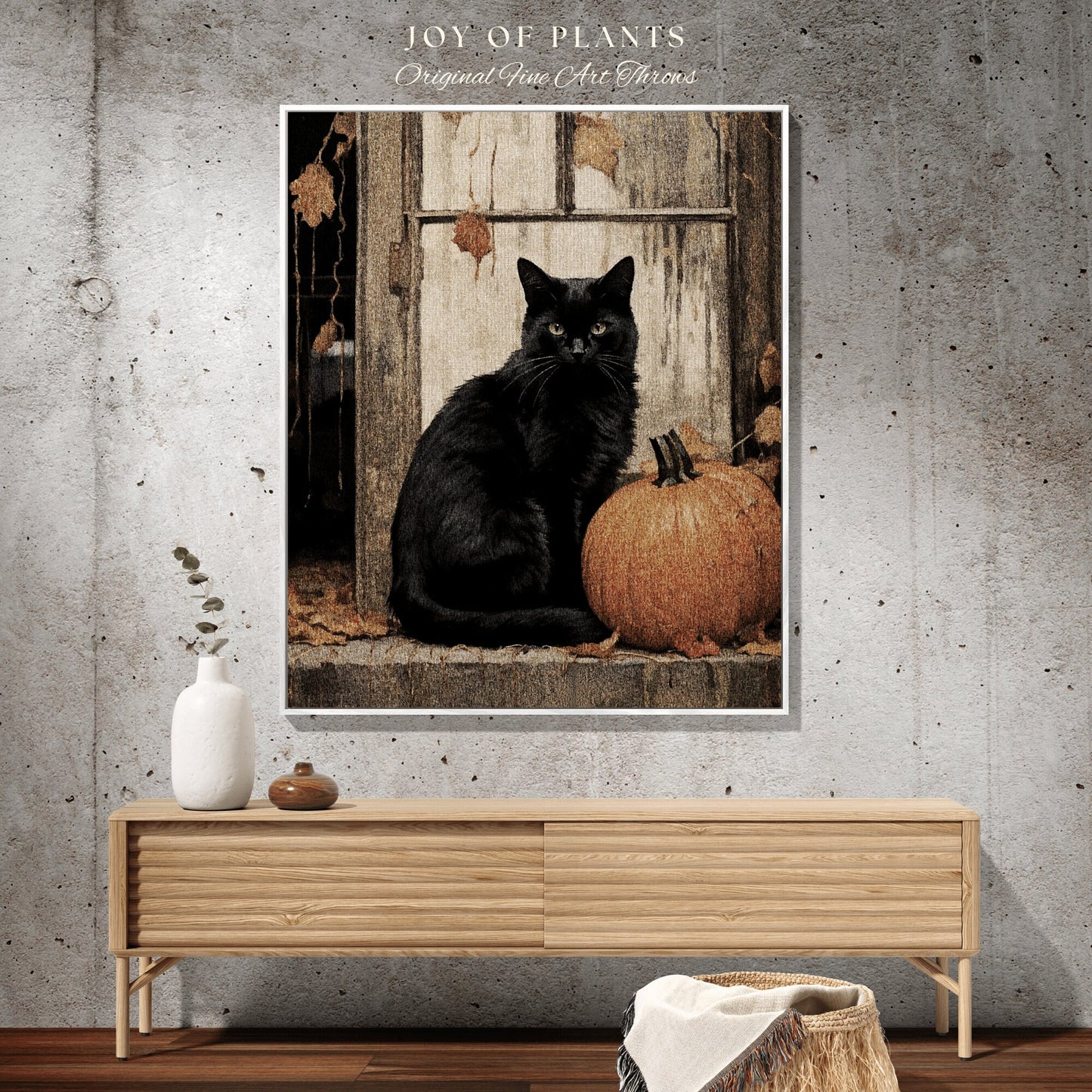 Vintage Halloween Pumpkin Black Cat Woven Throw Blanket | Spooky Season Black Cat Halloween Decor Dark Cottagecore Tapestry Witch Decor Cute