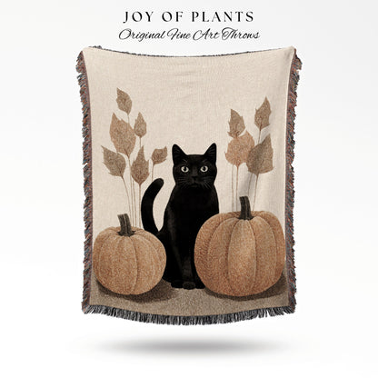 Fall Aesthetic Halloween Pumpkin Tapestry Black Cat Woven Throw Blanket | Spooky Season Black Cat Halloween Decor Dark Cottagecore Tapestry