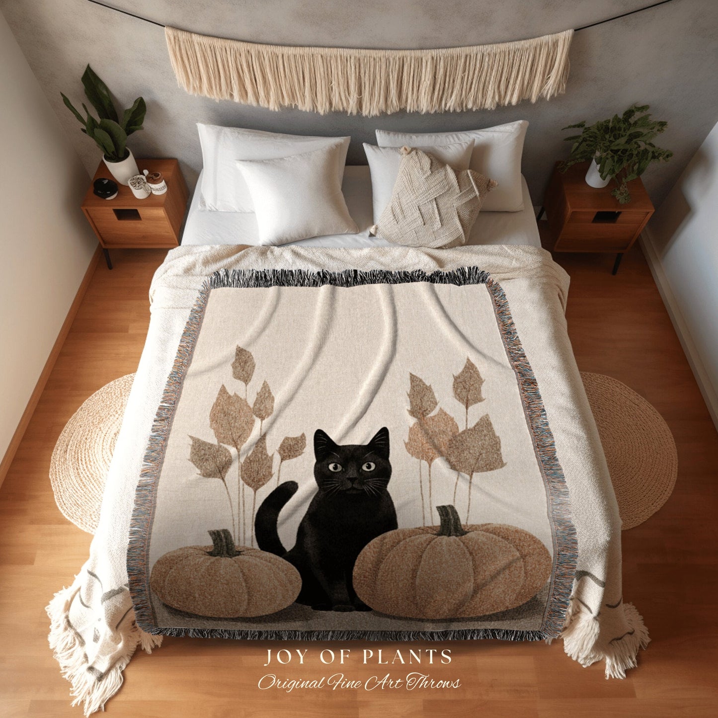 Fall Aesthetic Halloween Pumpkin Tapestry Black Cat Woven Throw Blanket | Spooky Season Black Cat Halloween Decor Dark Cottagecore Tapestry