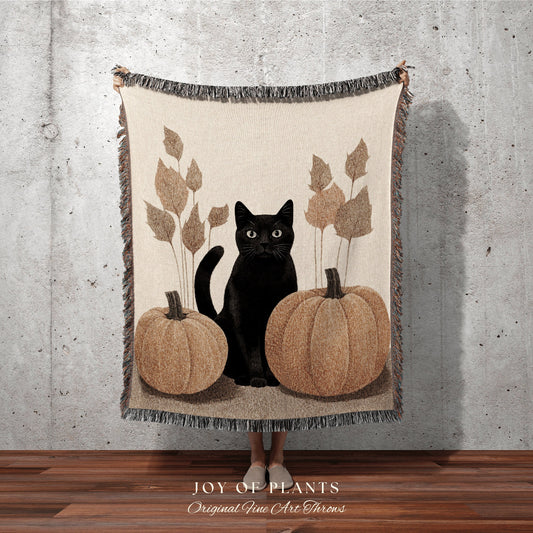 Fall Aesthetic Halloween Pumpkin Tapestry Black Cat Woven Throw Blanket | Spooky Season Black Cat Halloween Decor Dark Cottagecore Tapestry