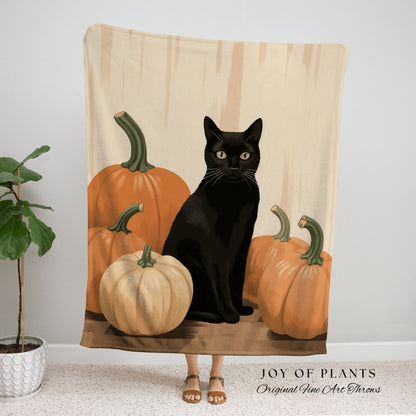 Autumn Decor Halloween Pumpkin Tapestry Black Cat Woven Throw Blanket | Spooky Season Black Cat Halloween Decor Dark Cottagecore Tapestry