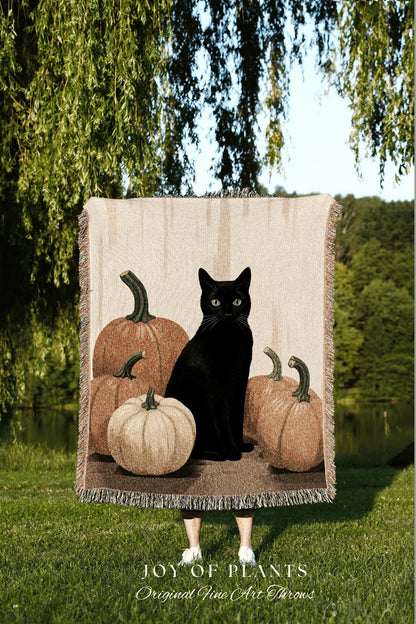 Autumn Decor Halloween Pumpkin Tapestry Black Cat Woven Throw Blanket | Spooky Season Black Cat Halloween Decor Dark Cottagecore Tapestry