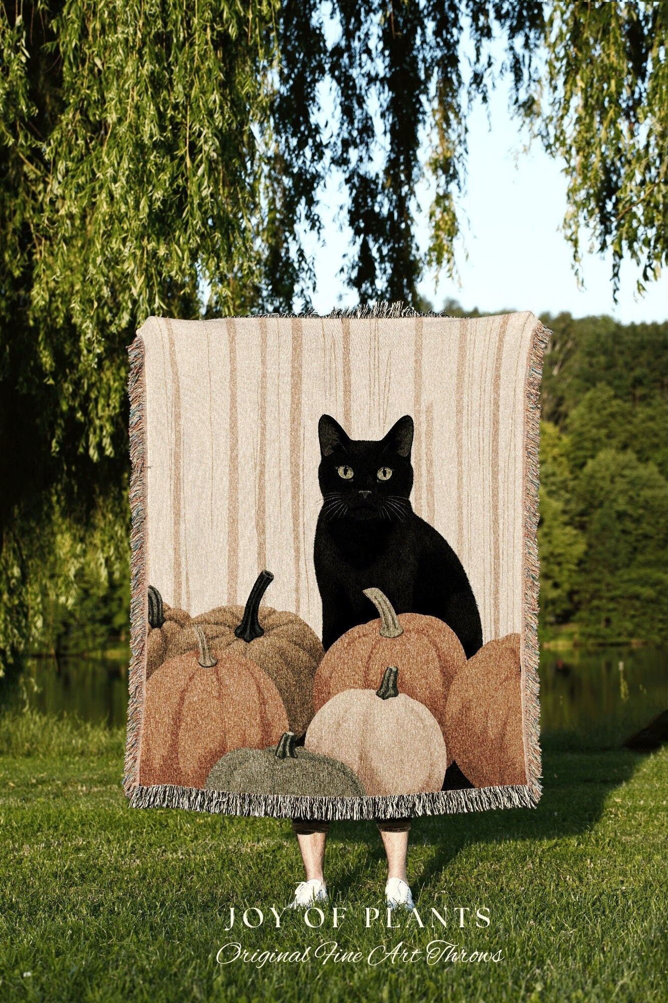 Earthy Wall Art Halloween Pumpkin Tapestry Black Cat Woven Throw Blanket | Spooky Season Black Cat Halloween Decor Dark Cottagecore Tapestry