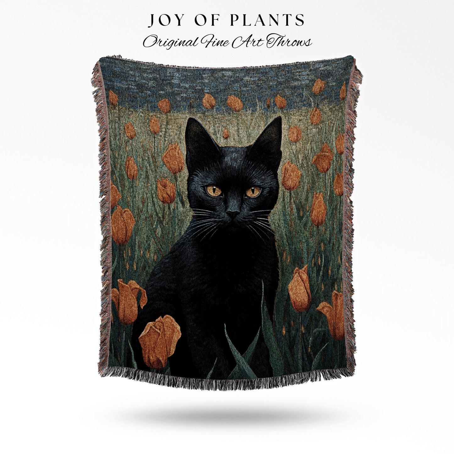 Tulip Fields Painting Black Cat Halloween Decor Tapestry Black Cat Woven Blanket | Spooky Cat Halloween Decor Dark Cottagecore Art Tapestry