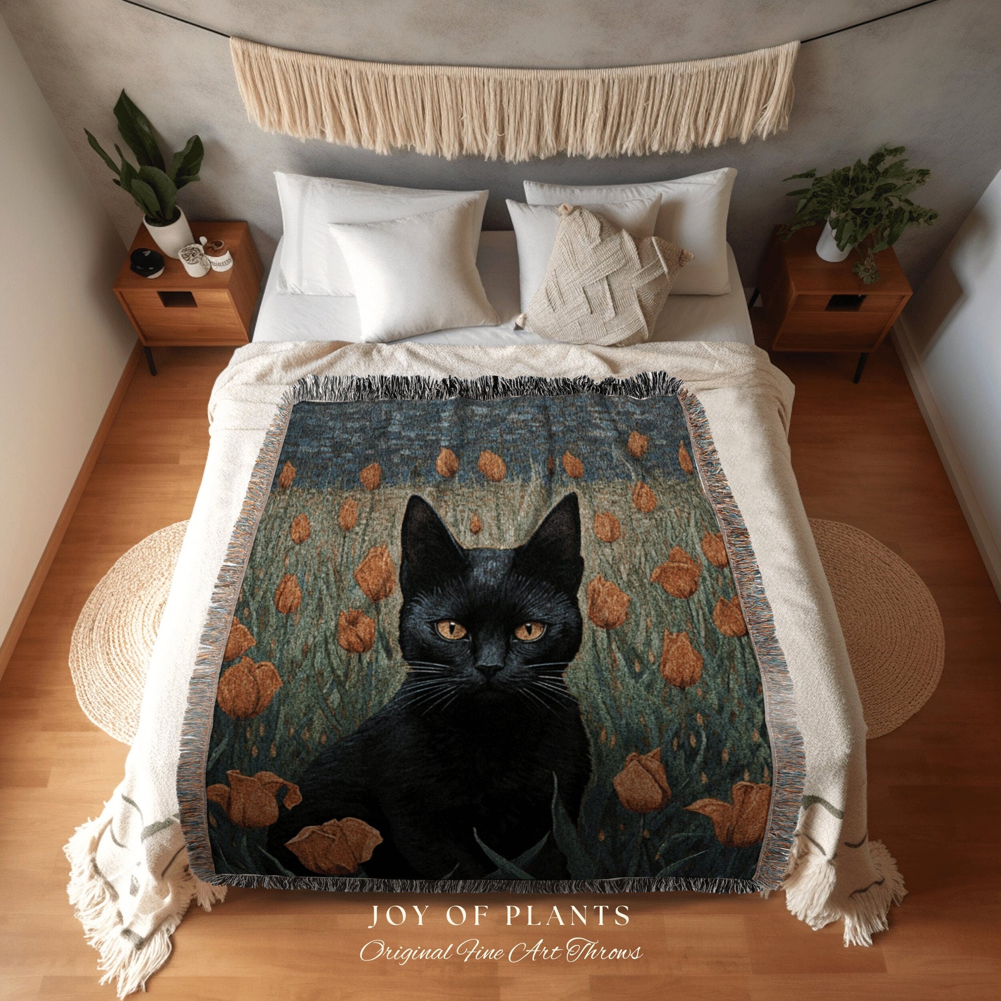 Tulip Fields Painting Black Cat Halloween Decor Tapestry Black Cat Woven Blanket | Spooky Cat Halloween Decor Dark Cottagecore Art Tapestry