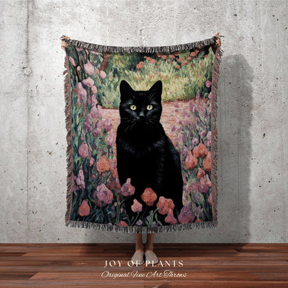 Floral Tapestry Black Cat Art Halloween Decor Tapestry Black Cat Woven Blanket | Spooky Cat Halloween Decor Dark Cottagecore Art Tapestry |