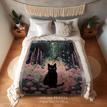 Pink Floral Tapestry Black Cat Art Halloween Decor Tapestry Black Cat Woven Blanket | Spooky Cat Halloween Decor Dark Cottagecore Tapestry |