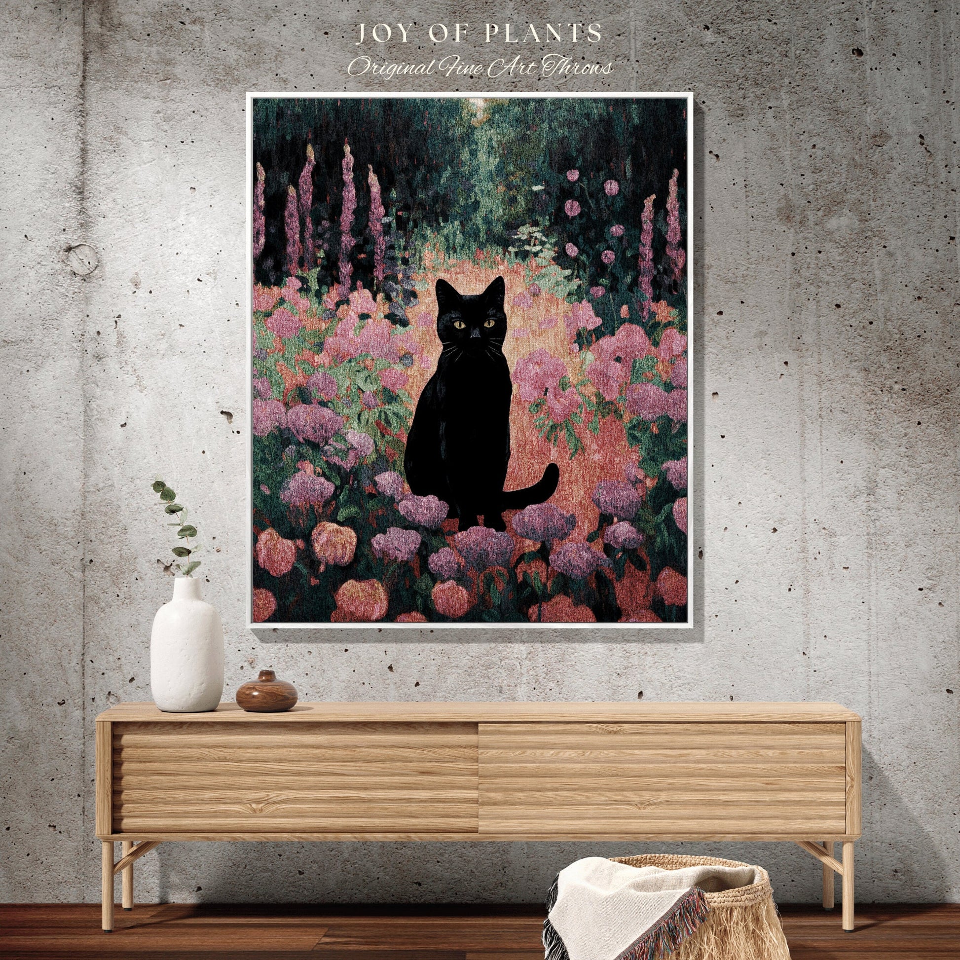 Pink Floral Tapestry Black Cat Art Halloween Decor Tapestry Black Cat Woven Blanket | Spooky Cat Halloween Decor Dark Cottagecore Tapestry |