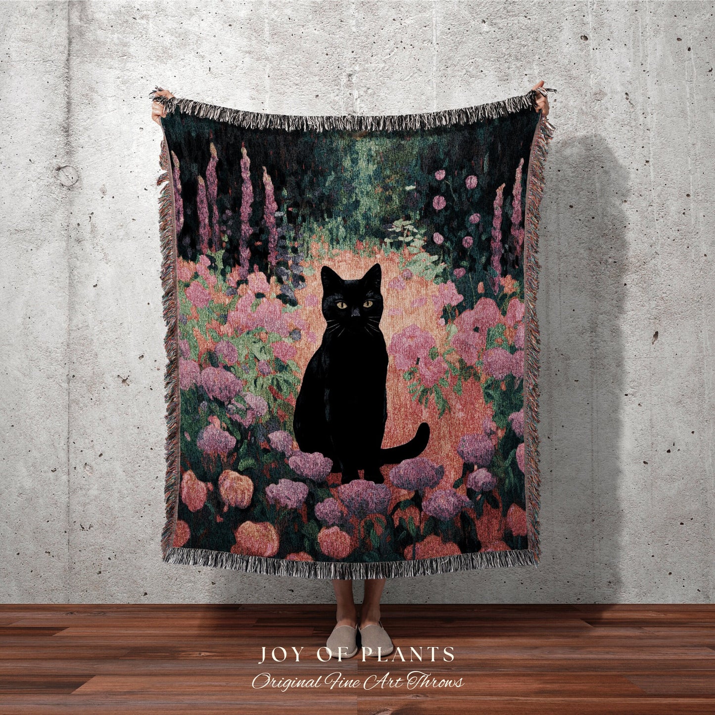 Pink Floral Tapestry Black Cat Art Halloween Decor Tapestry Black Cat Woven Blanket | Spooky Cat Halloween Decor Dark Cottagecore Tapestry |