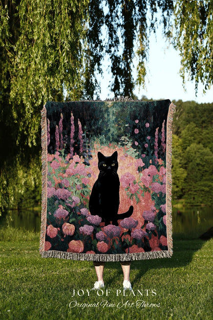 Pink Floral Tapestry Black Cat Art Halloween Decor Tapestry Black Cat Woven Blanket | Spooky Cat Halloween Decor Dark Cottagecore Tapestry |