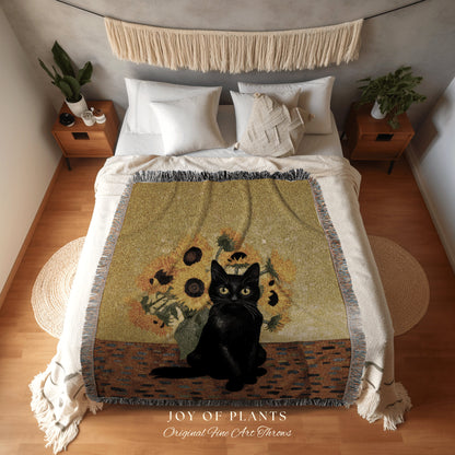 Van Gogh Sunflower Tapestry Black Cat Art Famous Painting Decor Tapestry Black Cat Woven Blanket | Spooky Halloween Cat Van Gogh Tapestry |