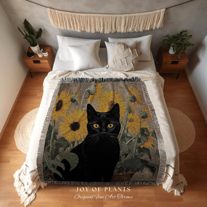 Black Cat Sunflower Tapestry Cat Art Famous Painting Decor Tapestry Black Cat Woven Blanket | Spooky Halloween Cat Vincent Van Gogh Tapestry