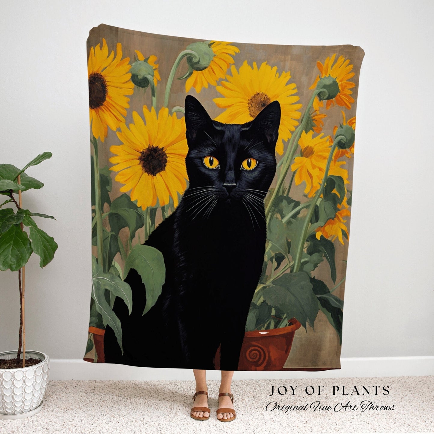 Black Cat Sunflower Tapestry Cat Art Famous Painting Decor Tapestry Black Cat Woven Blanket | Spooky Halloween Cat Vincent Van Gogh Tapestry